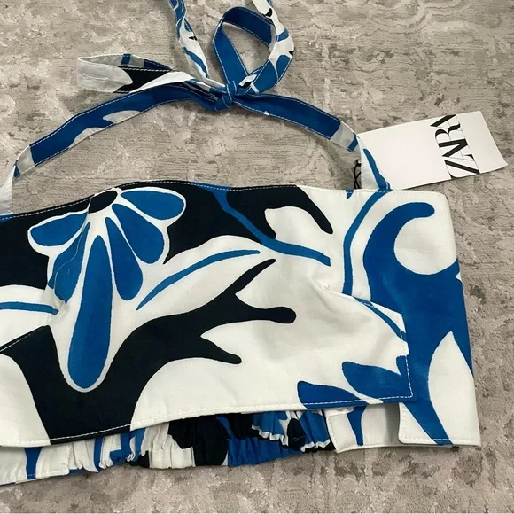ZARA Floral Crop Top Blue/White Size XS NEW!! - Picture 3 of 9